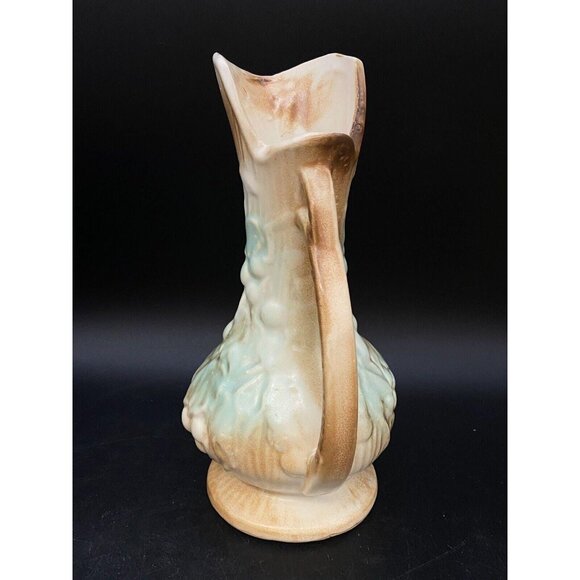 McCoy Pottery Footed Pitcher Vase Aqua Blue Brown Leaves Grape Vine Vintage - Picture 5 of 9